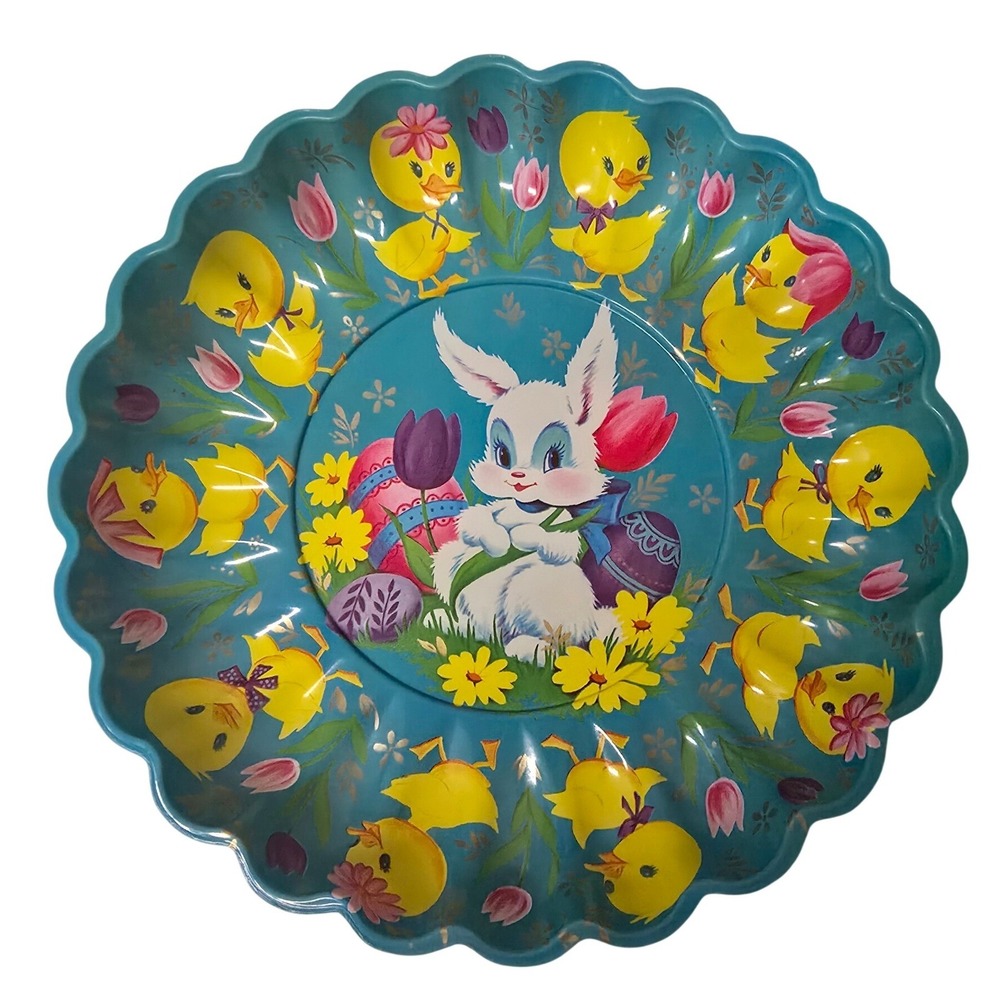 Vintage 90s Easter Bunny and Chicks Scalloped Plastic Serving Tray Turquoise